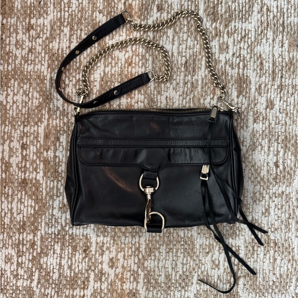 Rebecca Minkoff M.A.C. Crossbody Handbag Black Leather with Gold Tone Hardware - Picture 1 of 10
